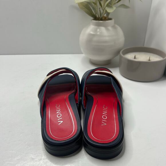 Vionic Poppy Miramar Leather Colorblock Slide Sandal Navy/Cream Women's 6M NWOB - Picture 2 of 9